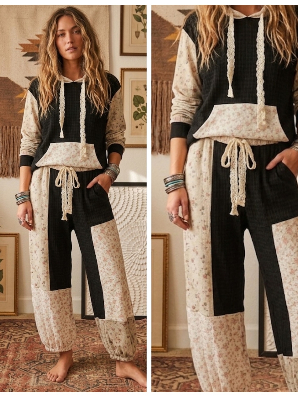 POL Colorblock Waffle Jogger Set - Black & Cream Floral